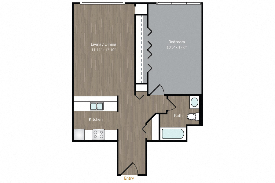 Floor plan for 1 bed, 1 bath, 730 sqft